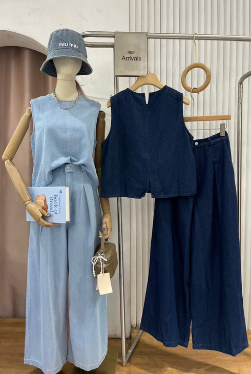 Sleeveless Denim Casual Top With Wide Leg Trousers Co-Ord Sets